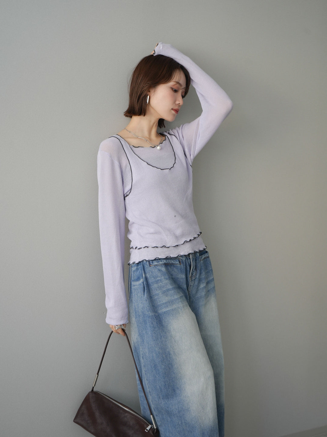 [SET]バイカラーメローアンサンブルシアーニットトップス+フロントポケットサイドタックワイドデニム(2set)