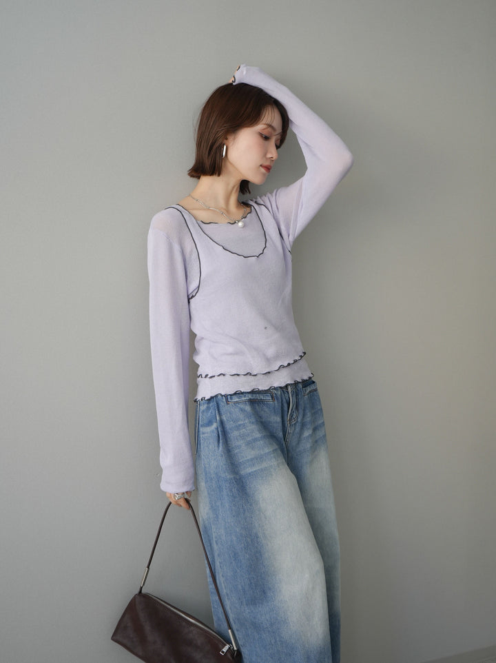 [SET]バイカラーメローアンサンブルシアーニットトップス+フロントポケットサイドタックワイドデニム(2set)