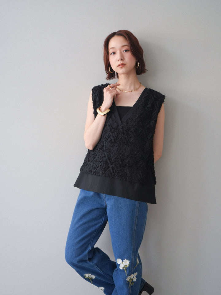 [SET]フリンジレイヤードVネックノースリーブ+フラワー刺繍ストレートデニム(2set)