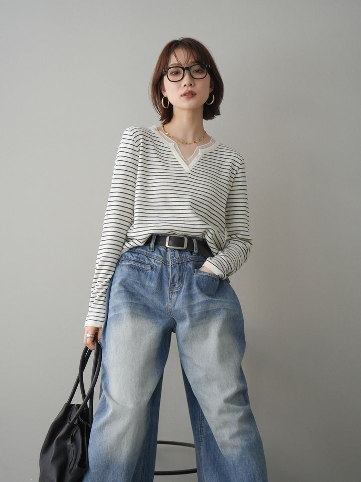 [SET]チュールレイヤードデザインボーダーニットトップス+選べるアクセセット(2set)