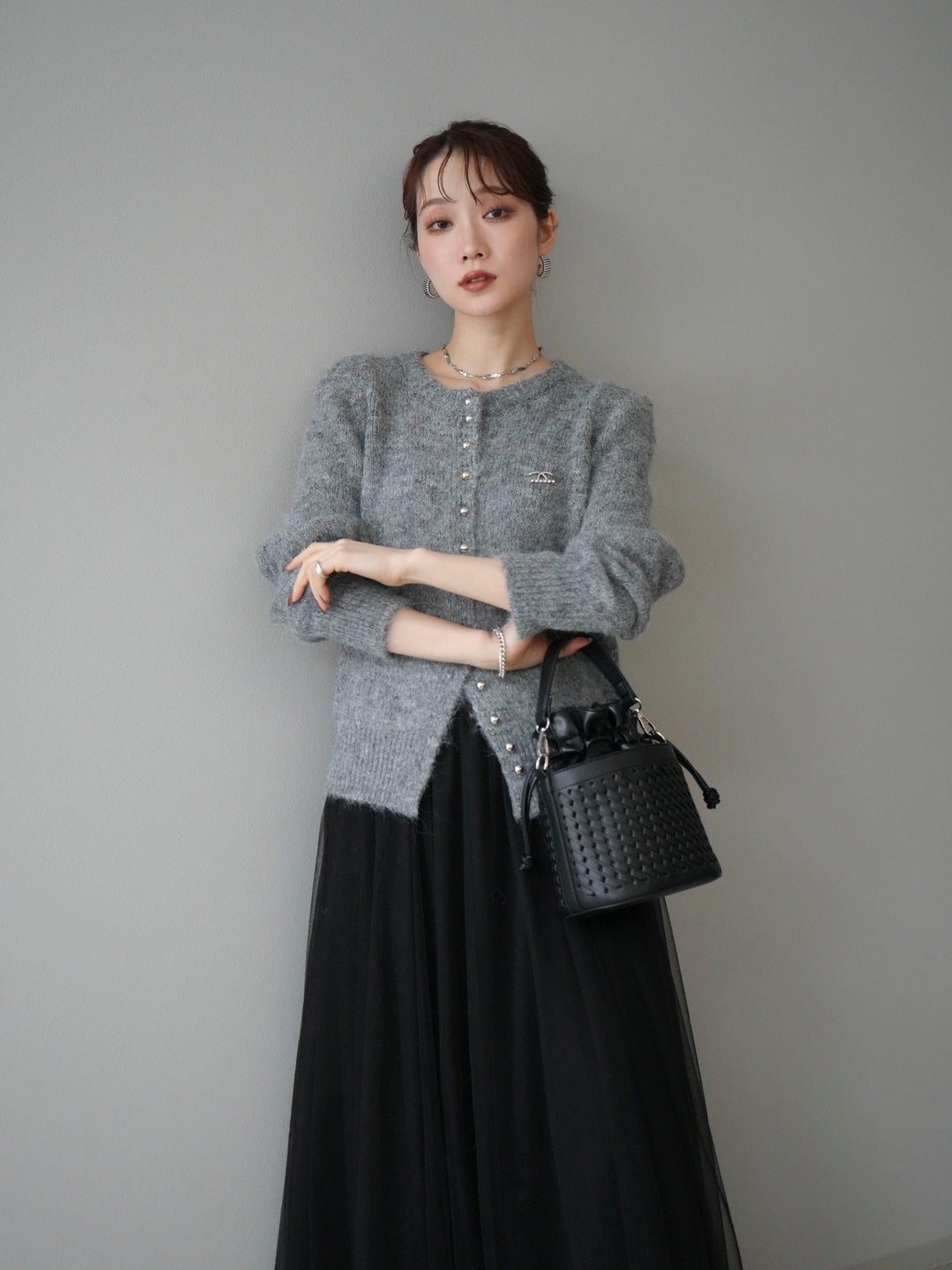 [SET]ブローチ付silverボタンミックスニットカーディガン+選べるアクセセット(2set)