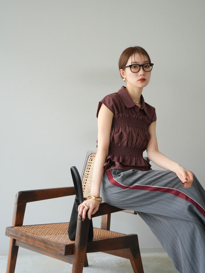 [予約]ブロードシャーリングビスチェ＆ノースリブラウスSET /ブラウン