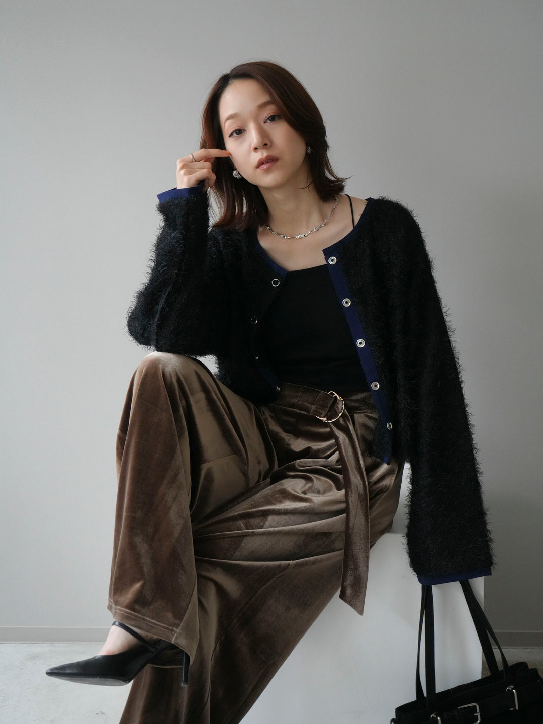 [予約]バイカラー2WAYシャギーニットカーディガン/black