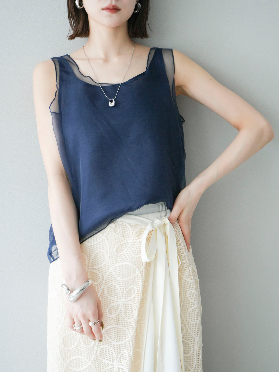 [予約]オーガンジーレイヤードタンクトップ/ネイビー