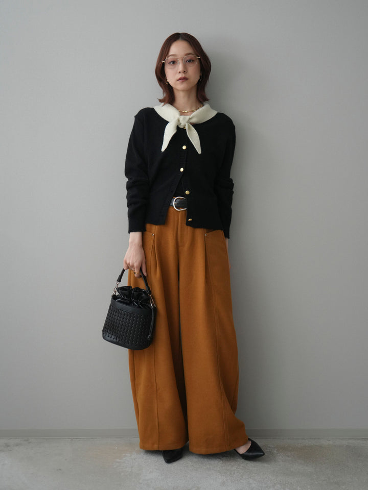 [SET]デザイン襟ニットカーディガン+ベルト付起毛コクーンパンツ(2set)