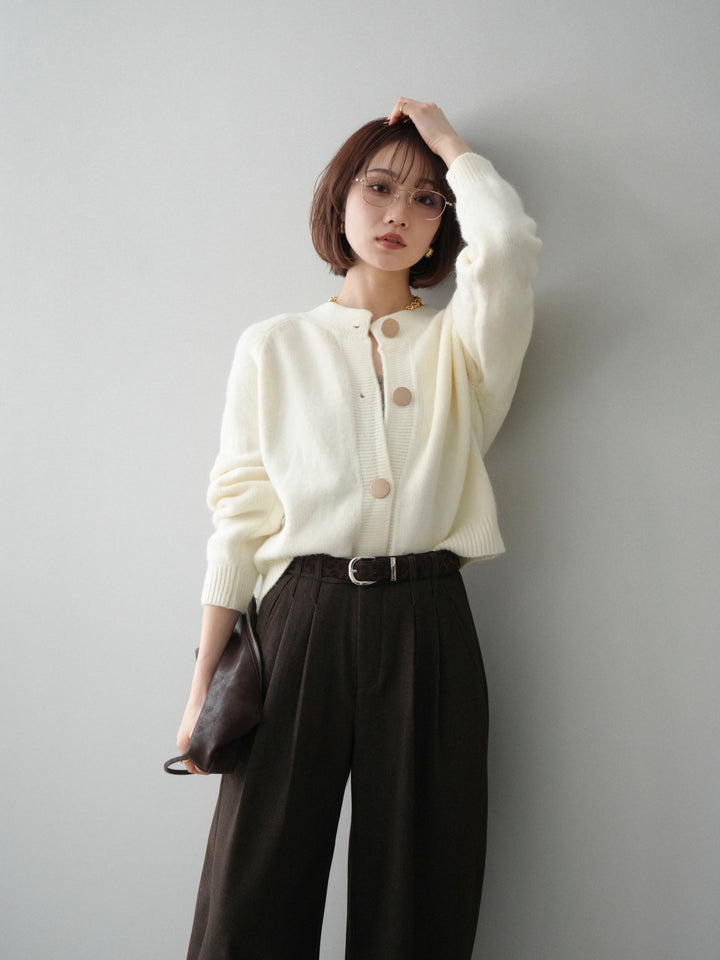 [SET]BIGボタンニットカーディガン+アニマル柄ベルト付きウールタッチワイドパンツ(2set)