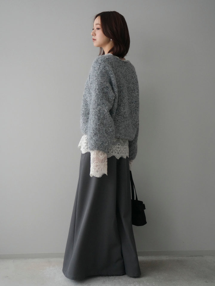 [SET]Vネックミックスヤーンニットプルオーバー+テープベルトタックバギーパンツ(2set)