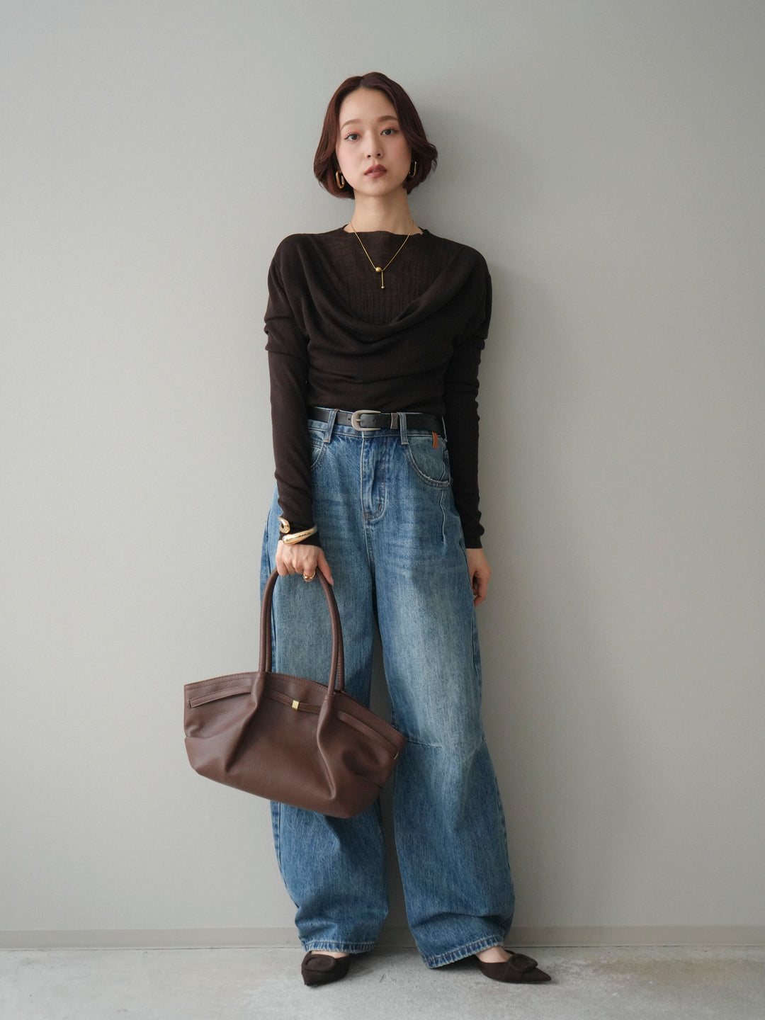 [予約]ボトルネックドレープレイヤードニットトップス/brown