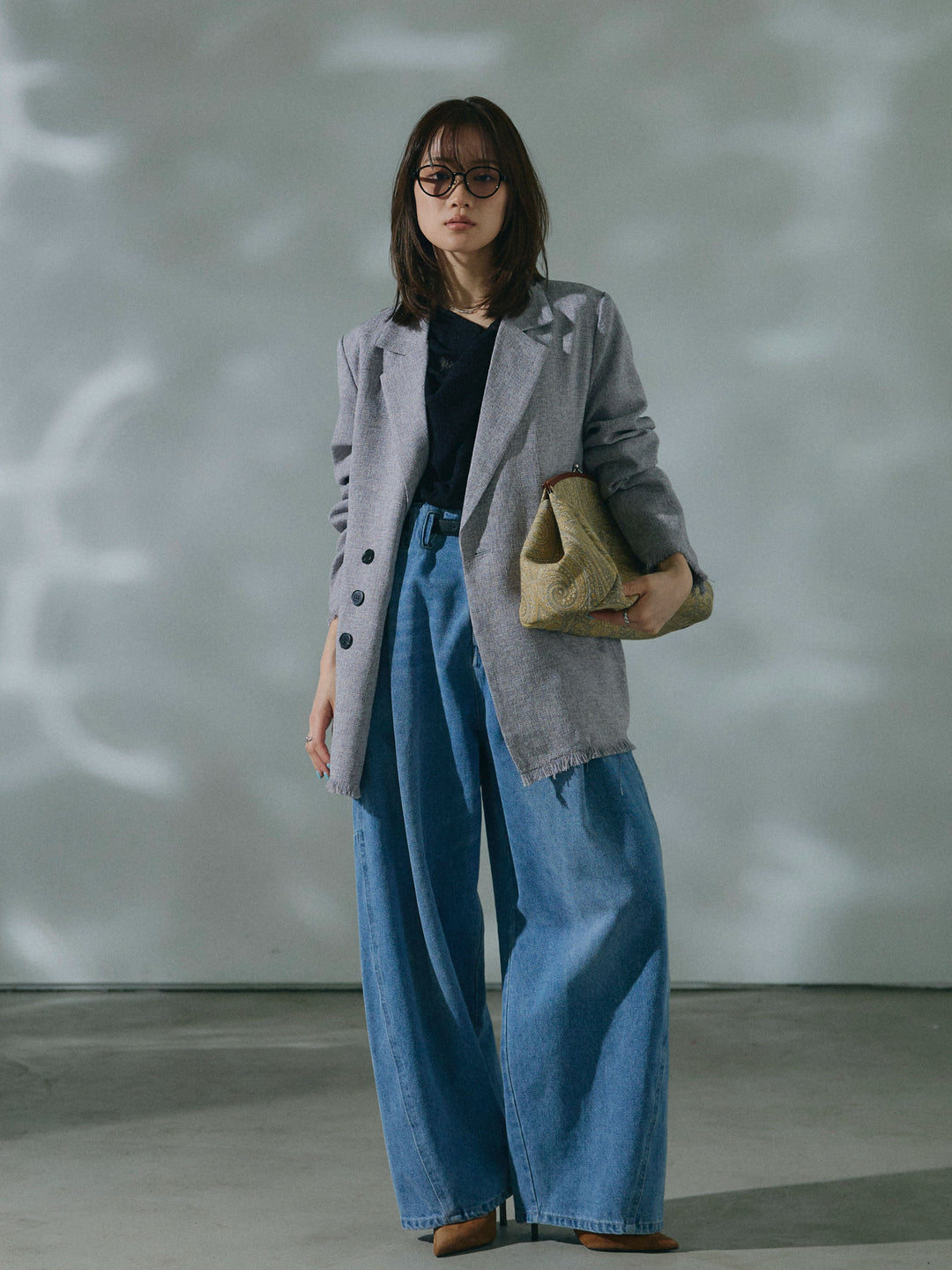 【Allure】[SET]スラブツイードフリンジテーラージャケット+ハイウエストベルトループデザインデニムパンツ(2set)