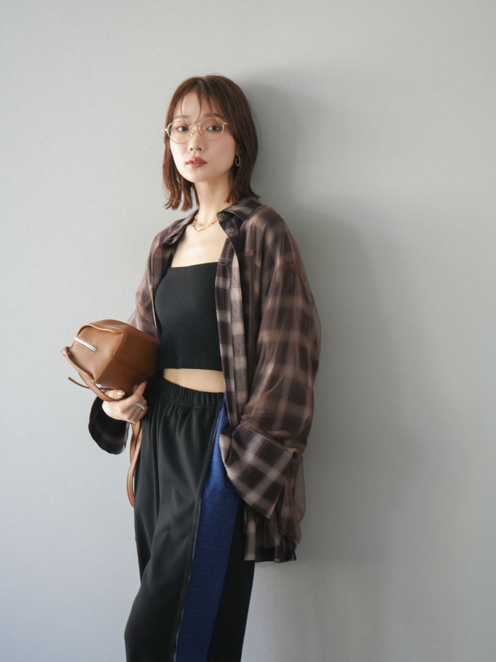 [套裝] 薄紗對接格紋寬鬆襯衫 + 牛仔布 Switch 2-Way 設計運動褲 (2 套)