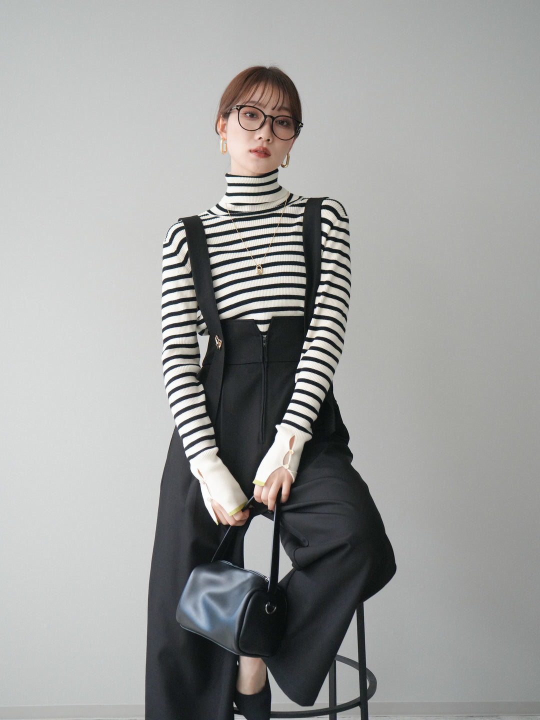 [SET]袖配色ハイネックボーダーリブニットトップス+袖配色ハイネックボーダーリブニットトップス(2set)