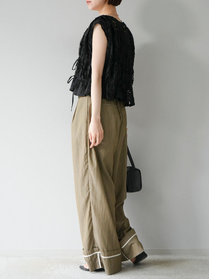 [SET] 提花蕾絲蝴蝶結上衣+麻質下擺迴力寬褲（2件套）