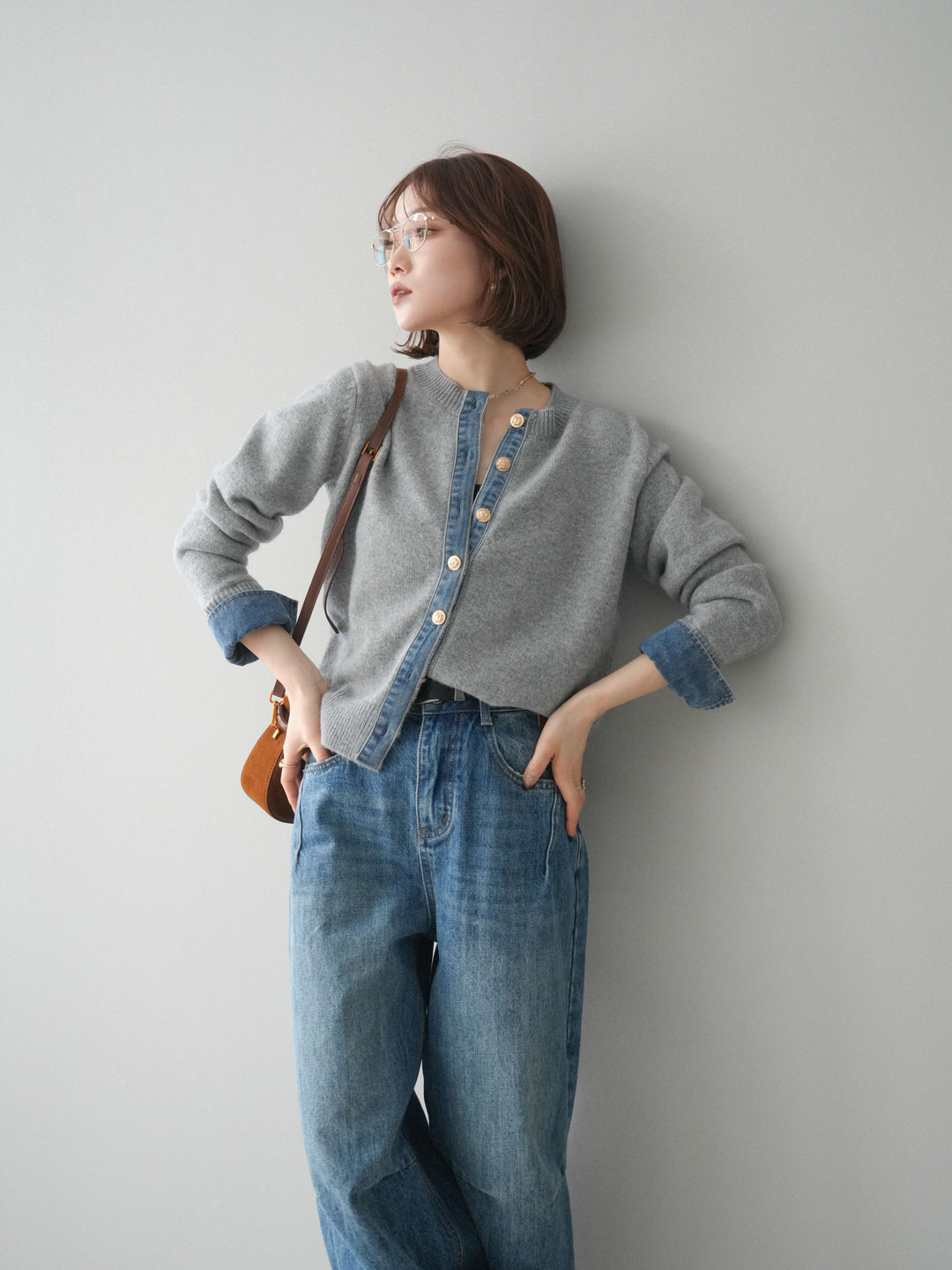 [SET]クルーネックデニムドッキングニットカーディガン+選べるアクセセット(2set)