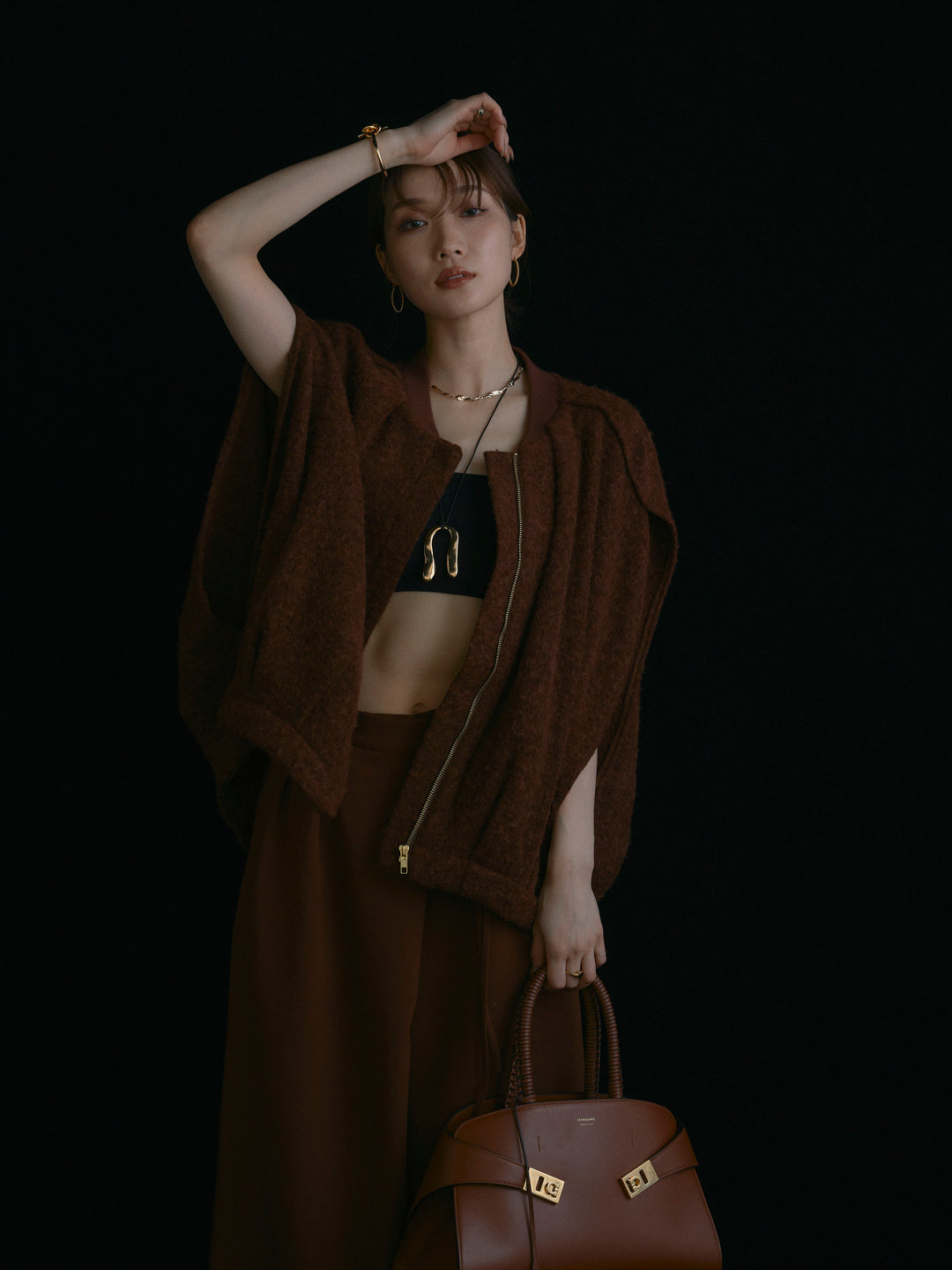 【Allure】[SET]ウール混コクーンブルゾン+ラップデザインタックワイドパンツ(2set)