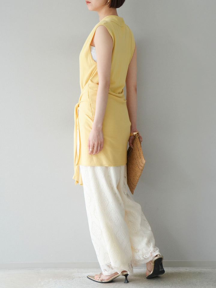 [SET]腰巻きデザインノースリーブニットカーディガン+レースタックイージーパンツ(2set)