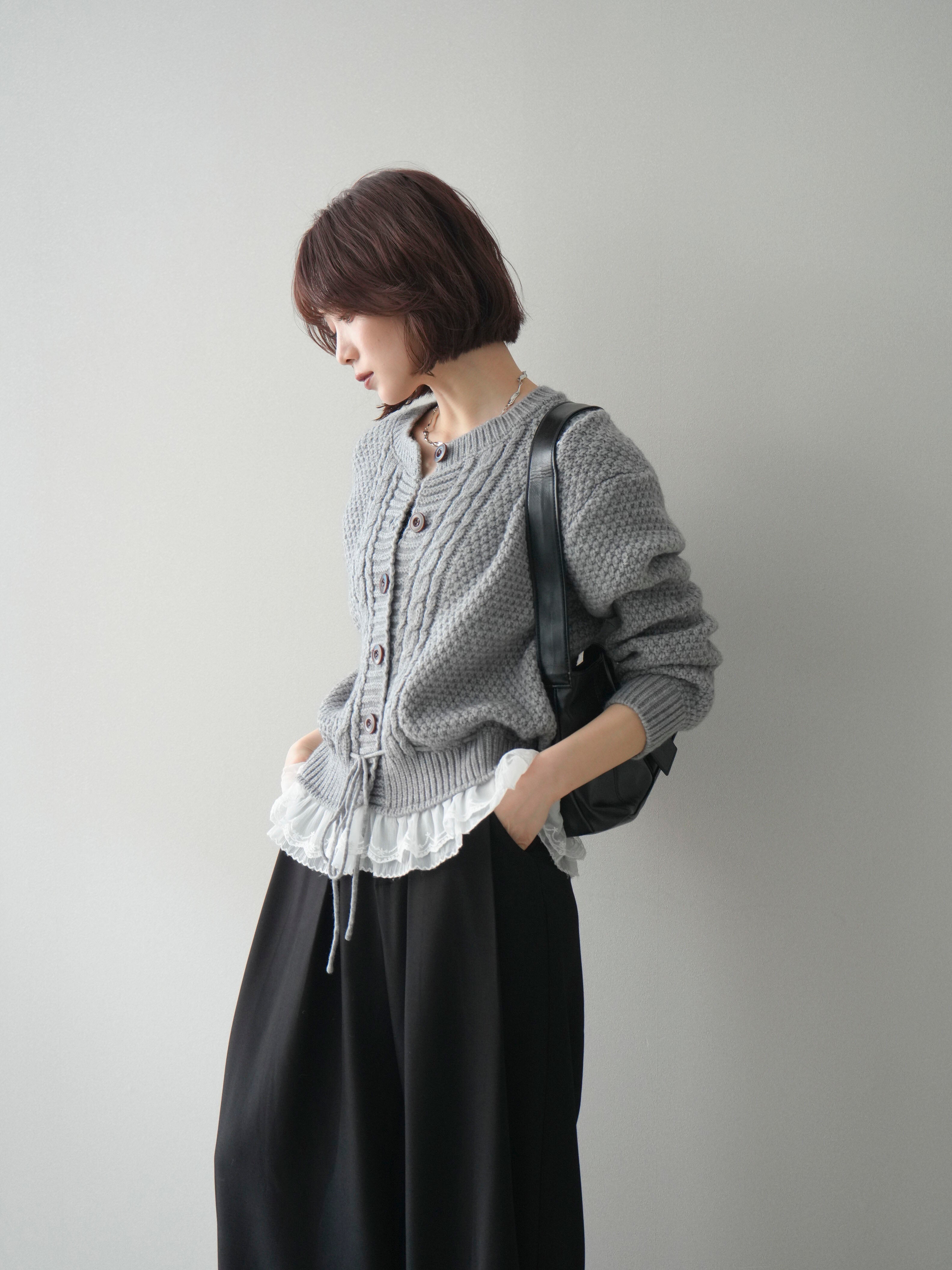 予約]裾レースケーブルニットカーディガン/gray – Lumier