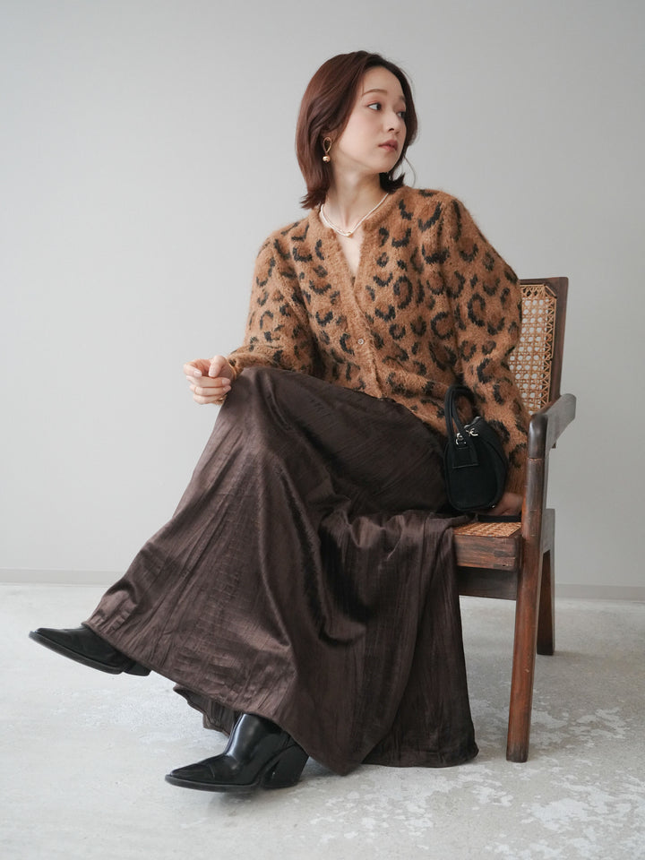 [SET]モヘアタッチレオパード柄ニットカーディガン+ワッシャーベロアプリーツスカート(2set)