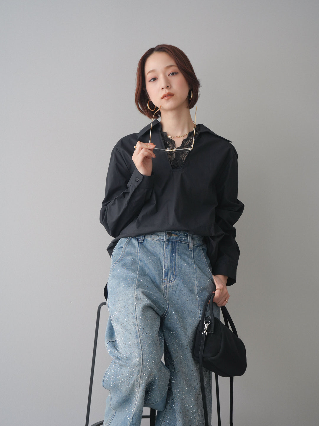 [予約]レースネックスキッパーブラウス/black