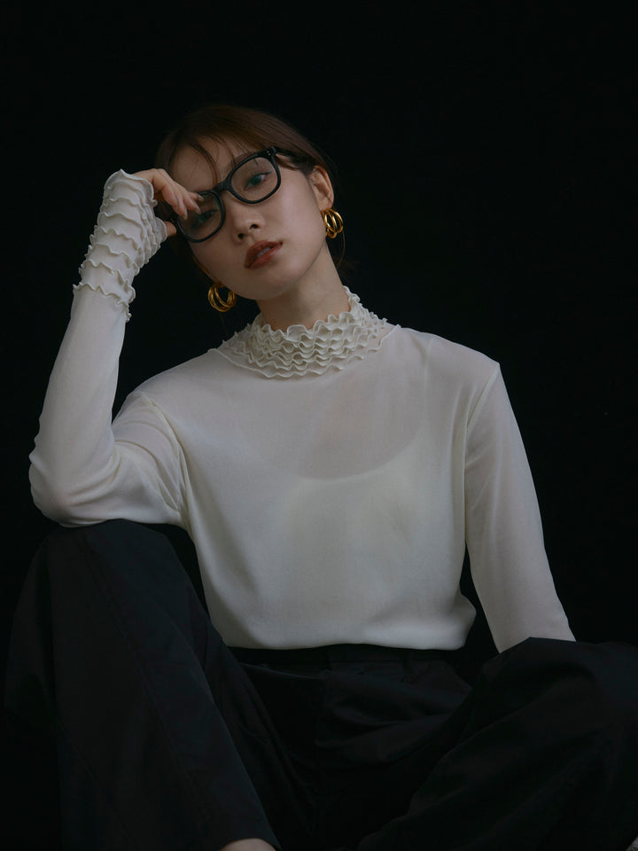 【Allure】[SET]シアーフリルメロートップス+タフタワイドカーブパンツ(2set)