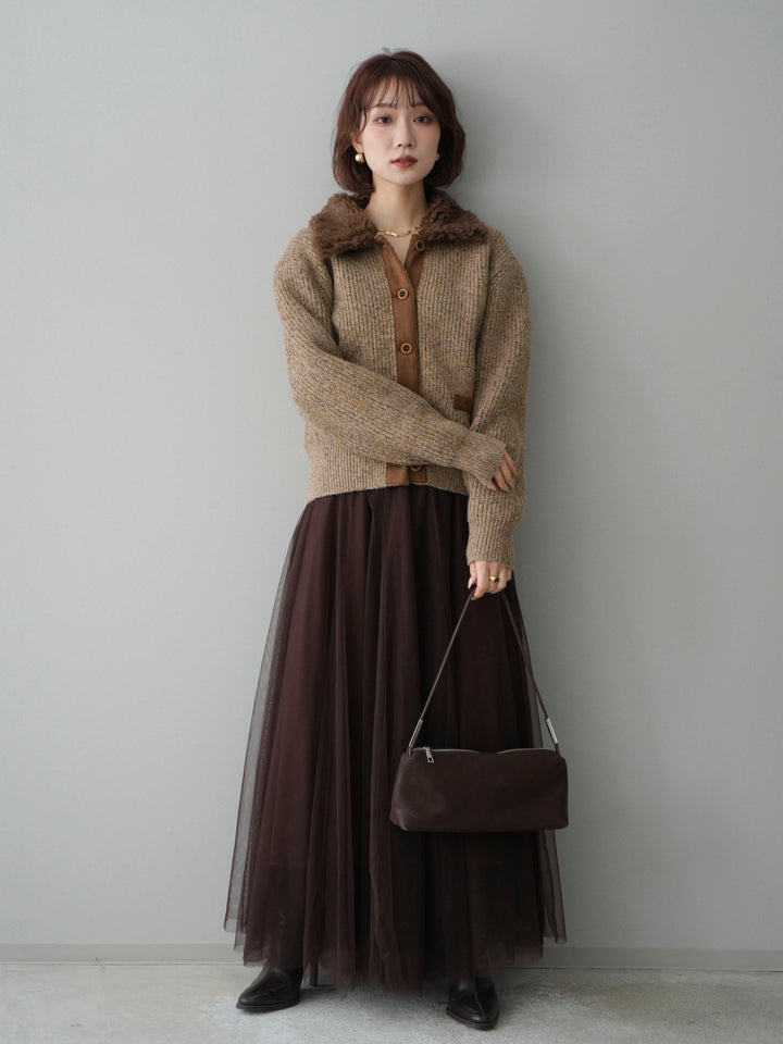 [SET]襟ボアミックスヤーンニットカーディガン+チュールボリュームスカート(2set)