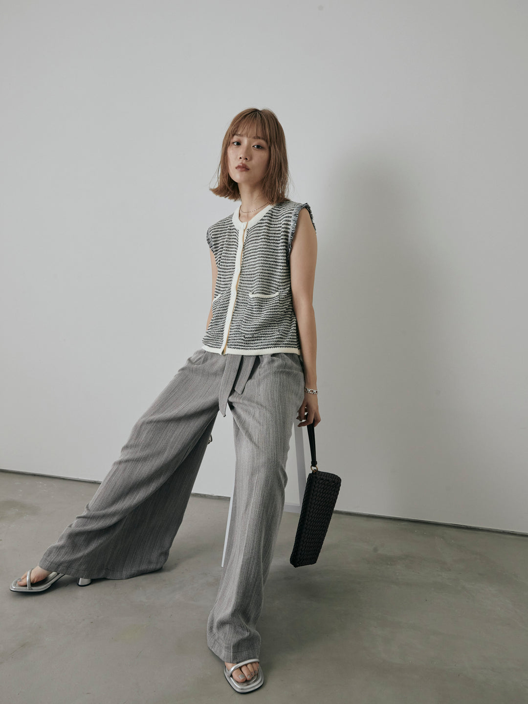 [予約]ボーダー袖フリンジニットベスト/オフ