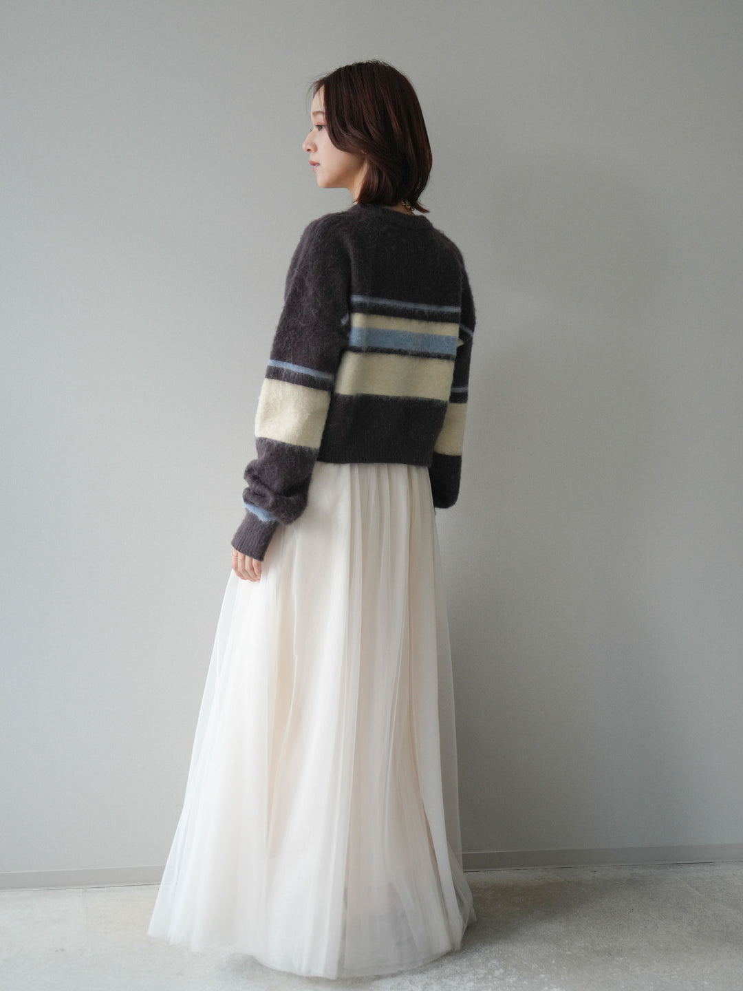 [SET]ソフトタッチボーダークロップドニットプルオーバー+チュールボリュームスカート(2set)