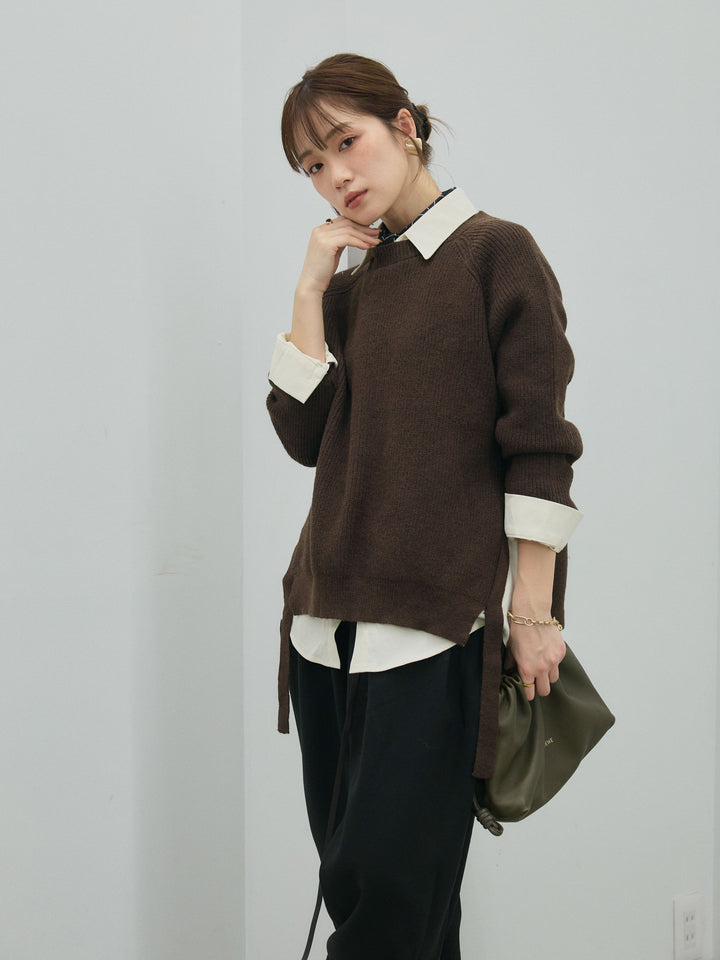 【Allure】[SET]サイドスリット畦編みニットプルオーバーシャツアンサンブル+ループデザインツイルワイドパンツ(2set)