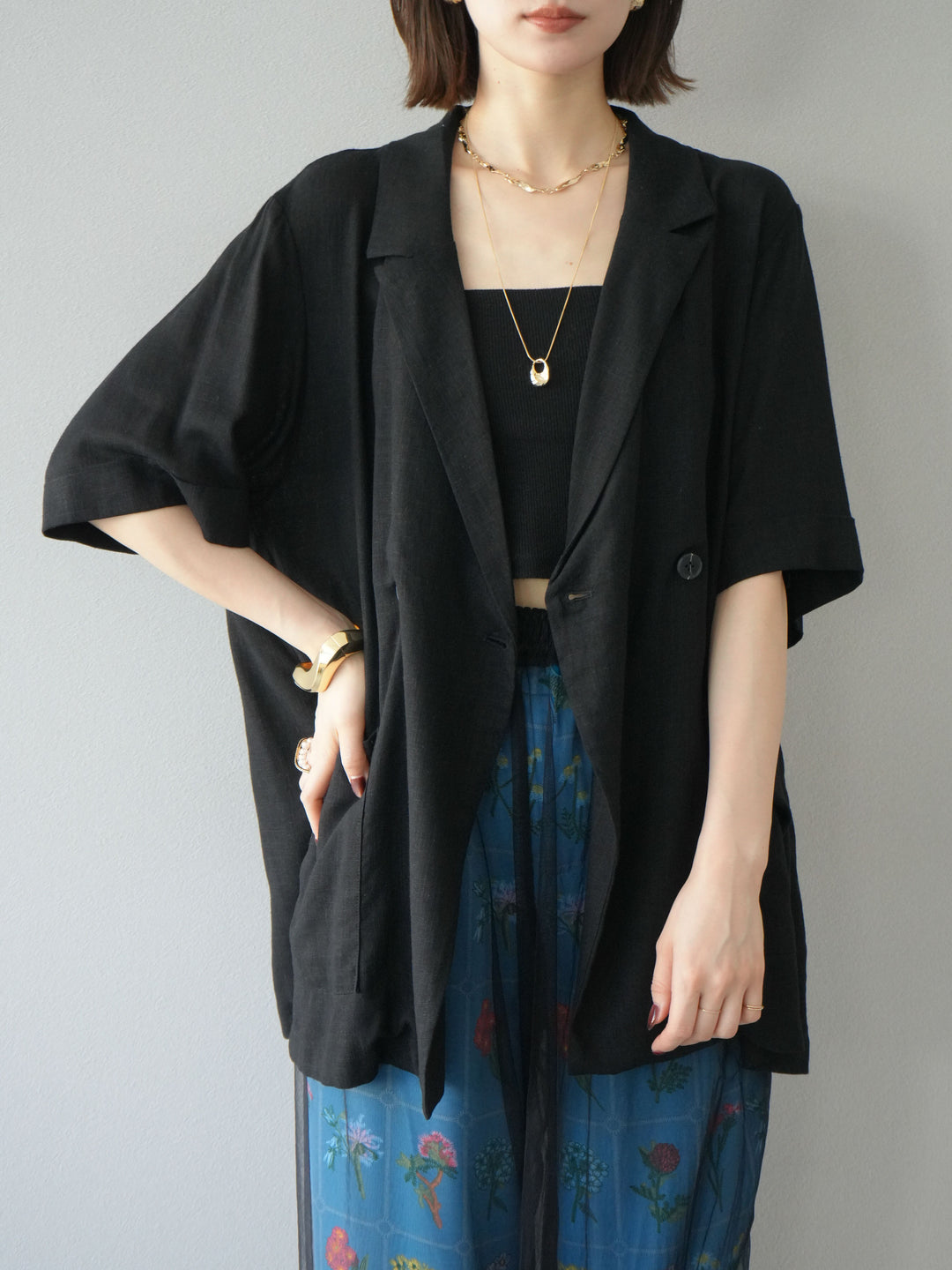 【預購】輕亞麻半袖外套/黑色