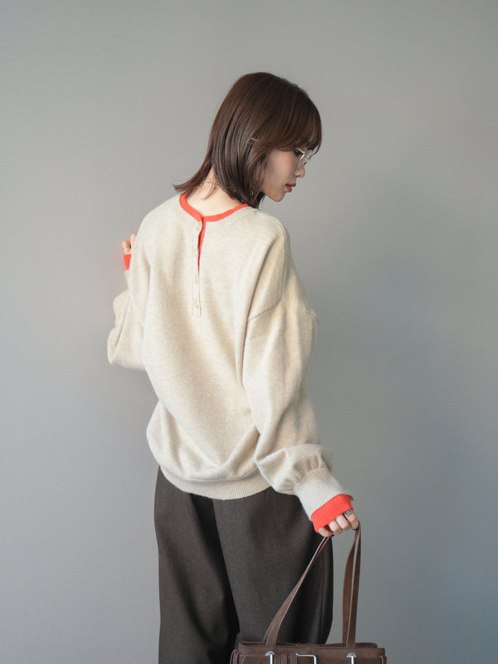 [予約]ヘンリーネック配色レイヤードニットプルオーバー/beige