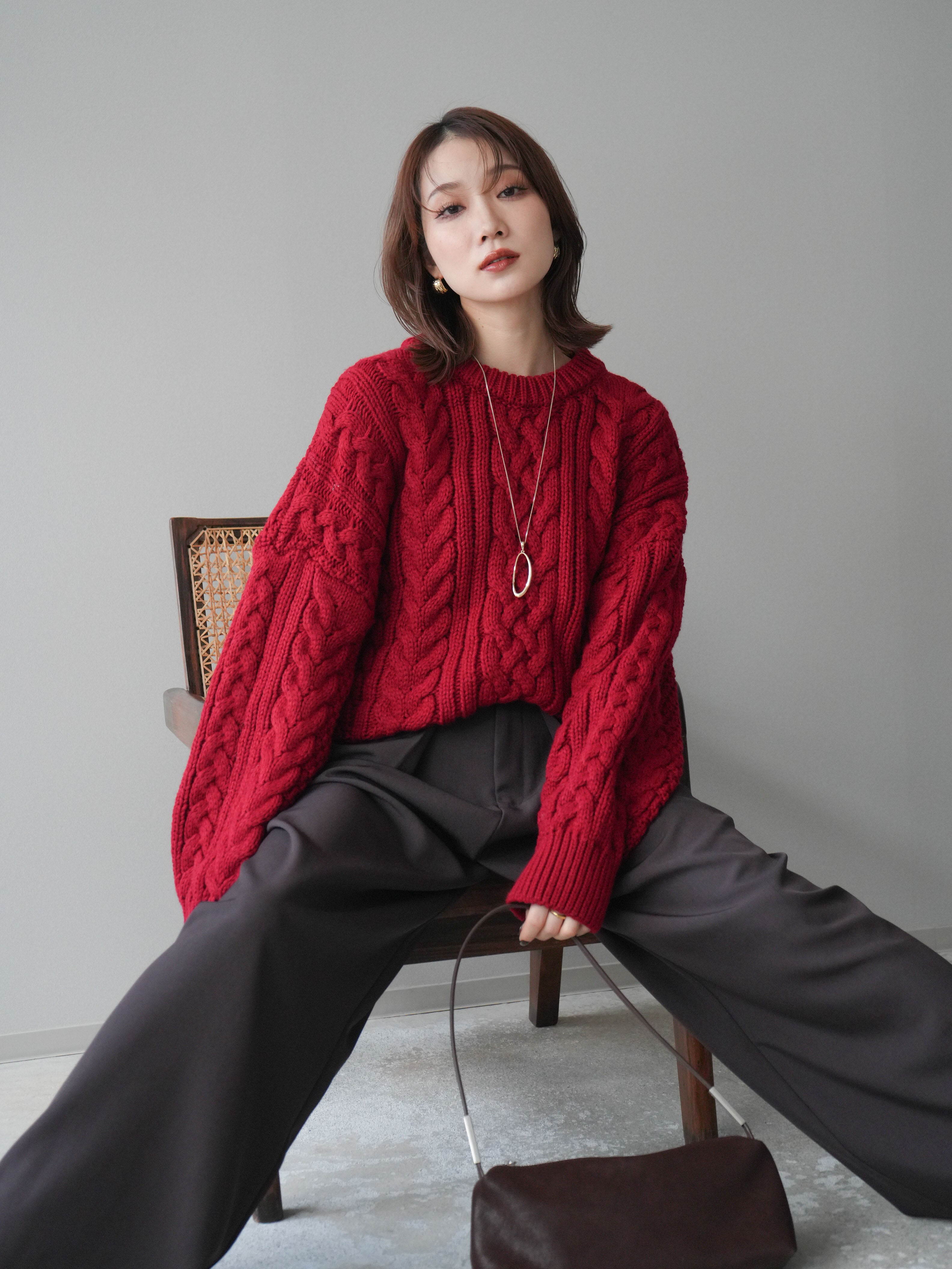 SET]ボリュームケーブルニットプルオーバー+ベルトループデザイン