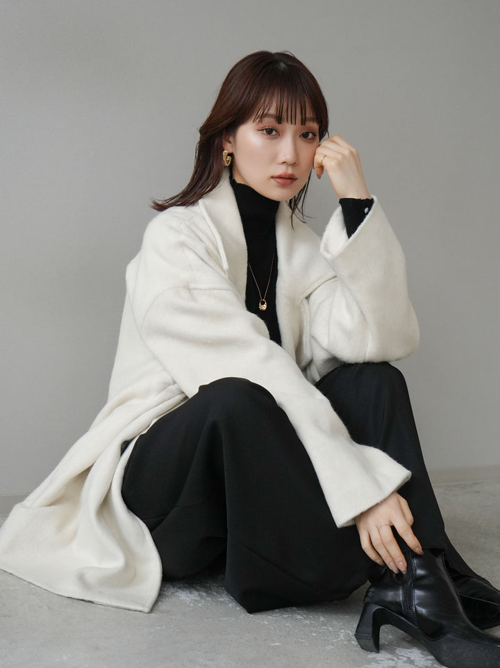 [SET]フェイクビーバーミドルコート+袖ボタンハイネックリブニットトップス+ベルト付ウールタッチワイドパンツL(3set)