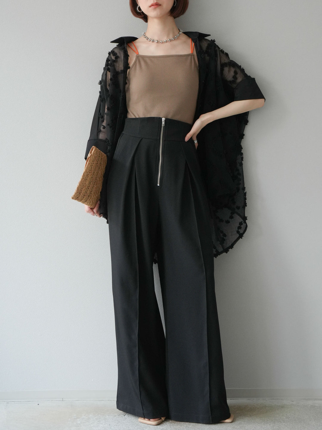 [預購] 混合材質透視半身襯衫/黑色