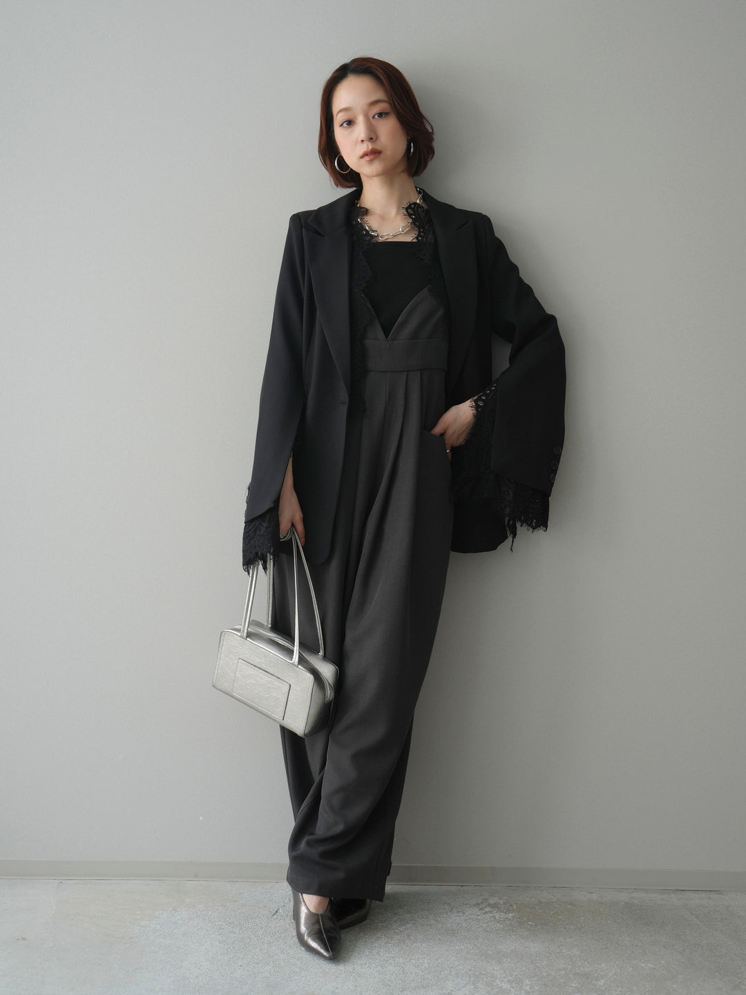 [SET]レースレイヤードスリットジャケット+バックデザインサロペット(2set)