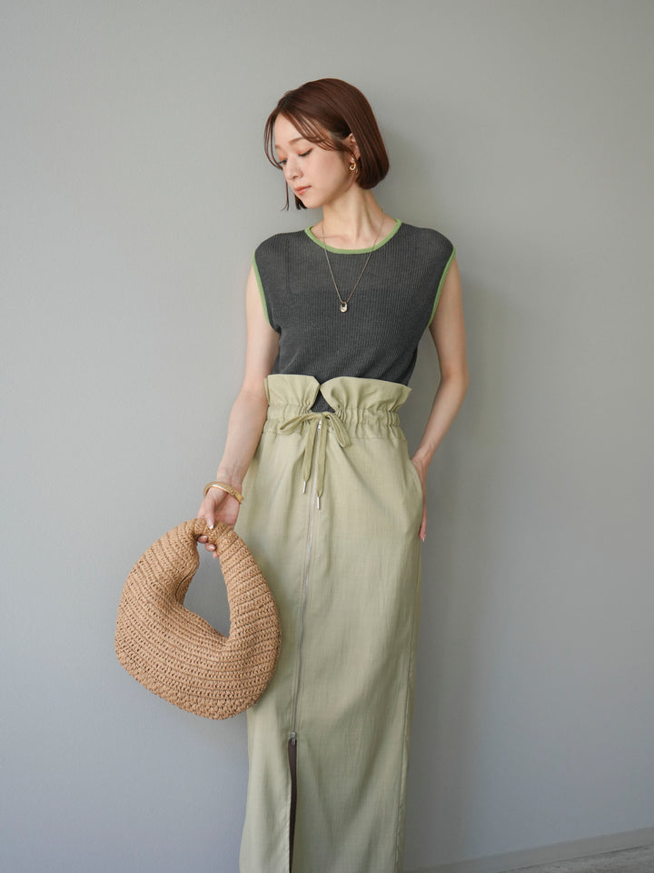 [予約]リネンタッチ配色ニットノースリーブプルオーバー/チャコール