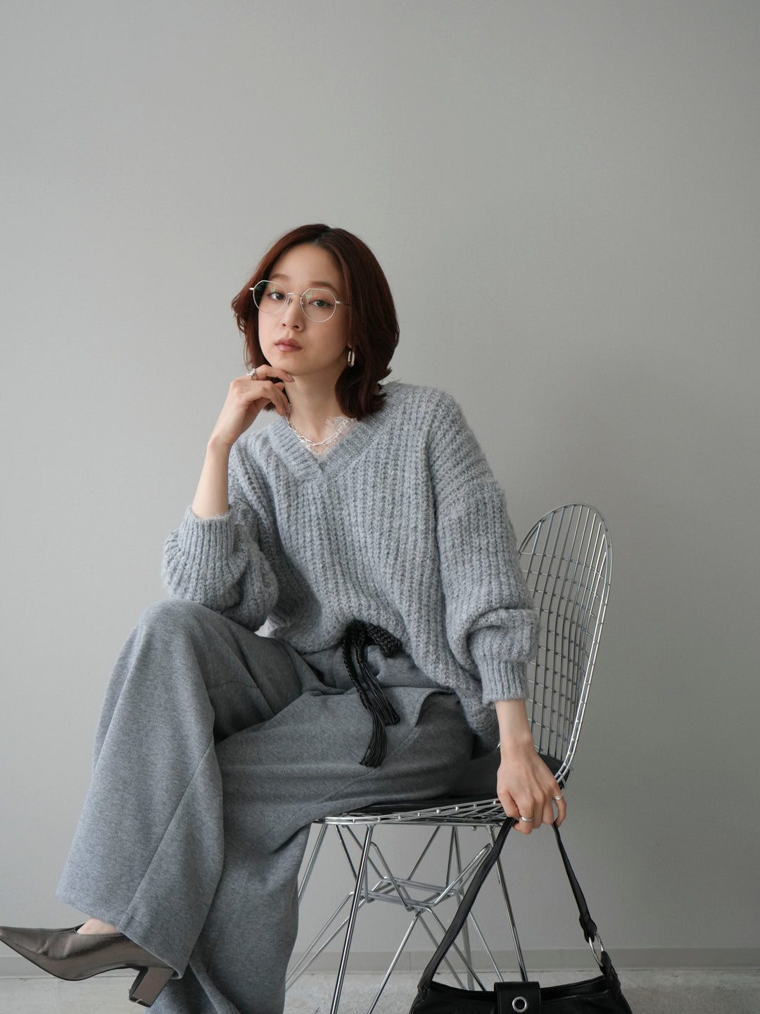 [SET]Vネックレースニットプルオーバー+編み込みベルト付きウエスト配色スエットパンツ(2set)