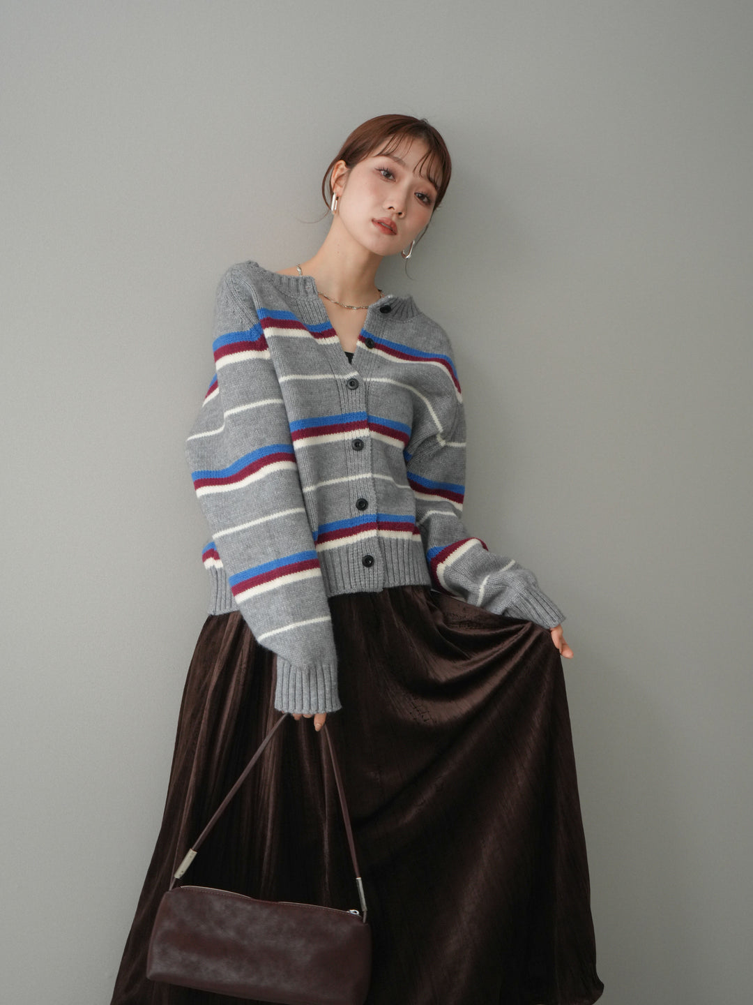[予約]ランダムボーダーニットカーディガン/gray