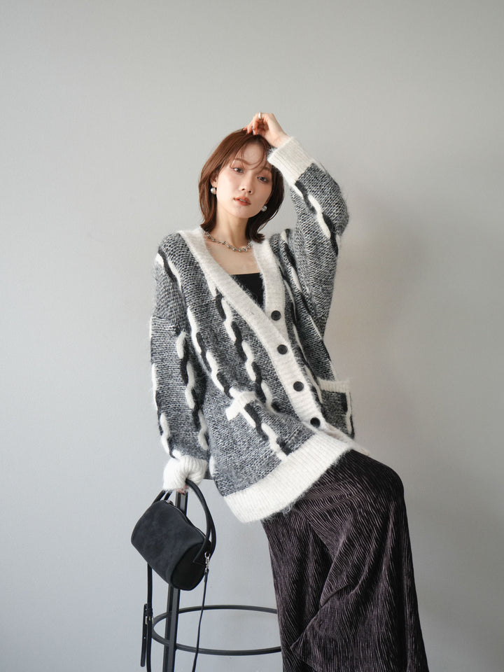 [SET]バイカラー編み込みデザインニットカーディガン+ベロアプリーツナロースカート(2set)