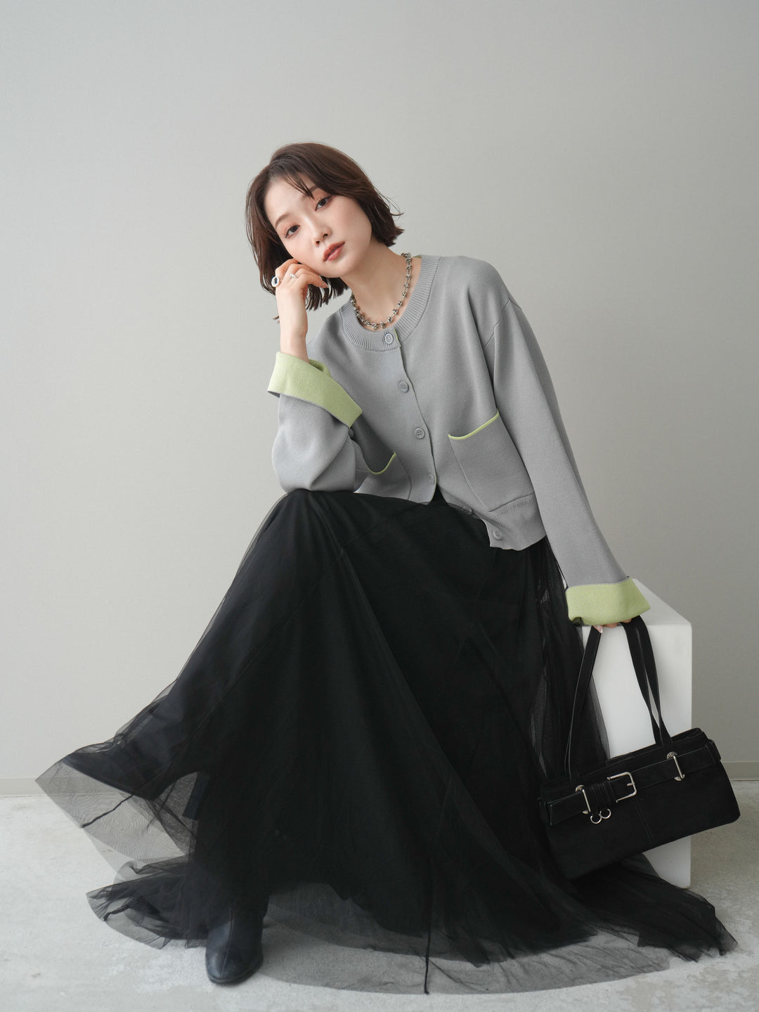 [SET]レーヨンポリダブルフェイスニットカーディガン+チュールボリュームスカート(2set)