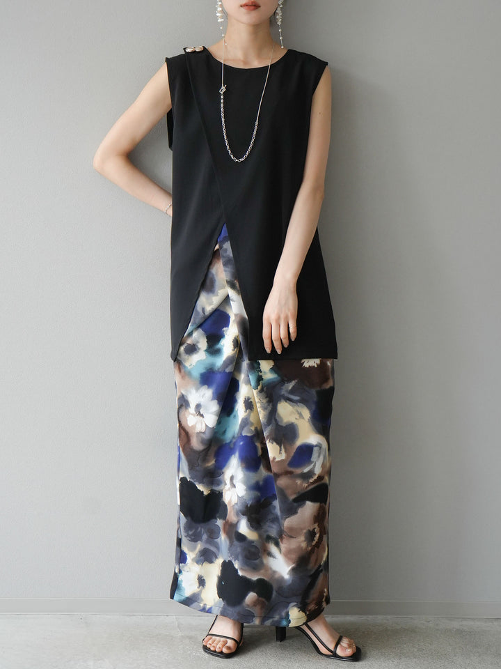 [SET] Layered design vest + watercolor print tuck I-line skirt (2set)