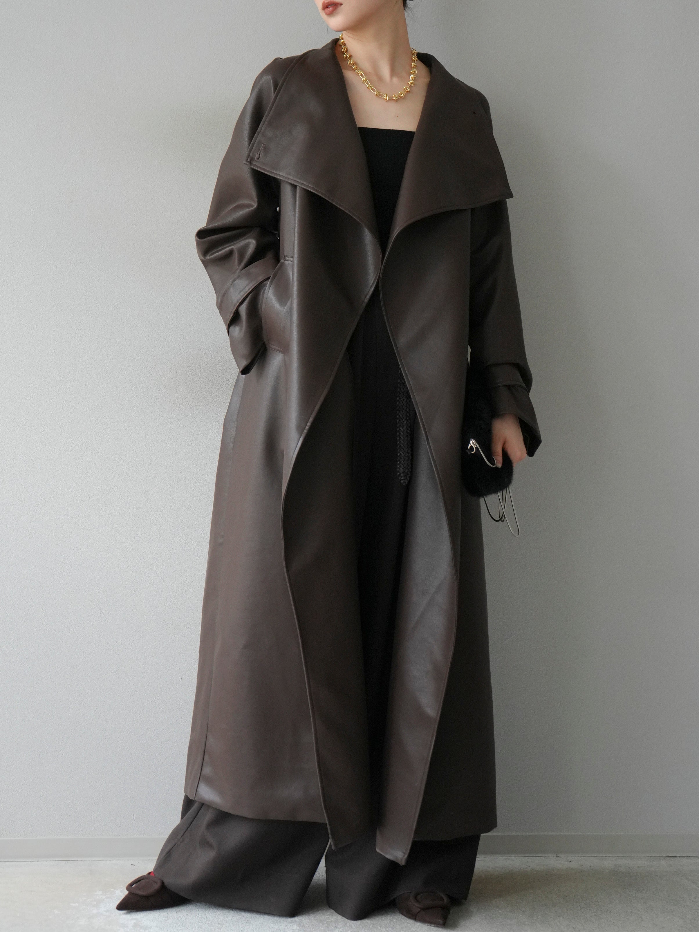 予約]BIGカラーレザーロングコート/ブラウン – Lumier
