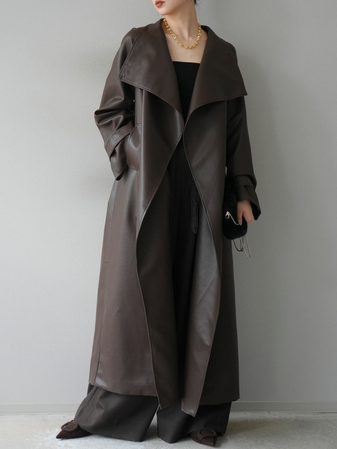 [予約]BIGカラーレザーロングコート/ブラウン