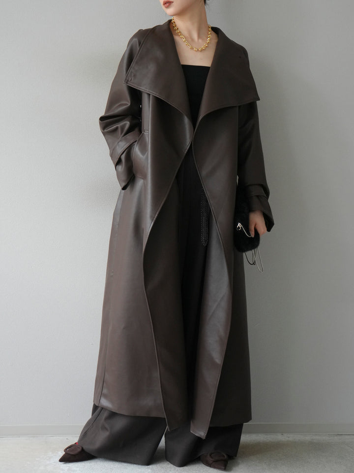 [予約]BIGカラーレザーロングコート/ブラウン