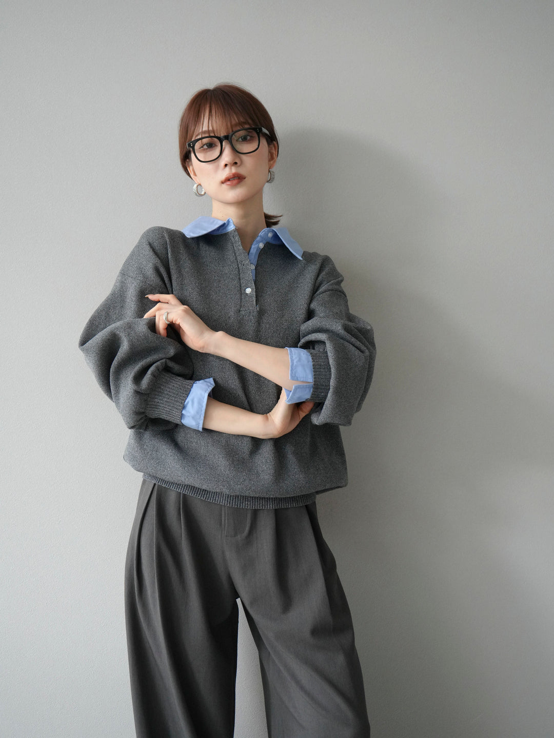 【SET】翻領polo針織套衫+雙褶闊腿褲（2件組）