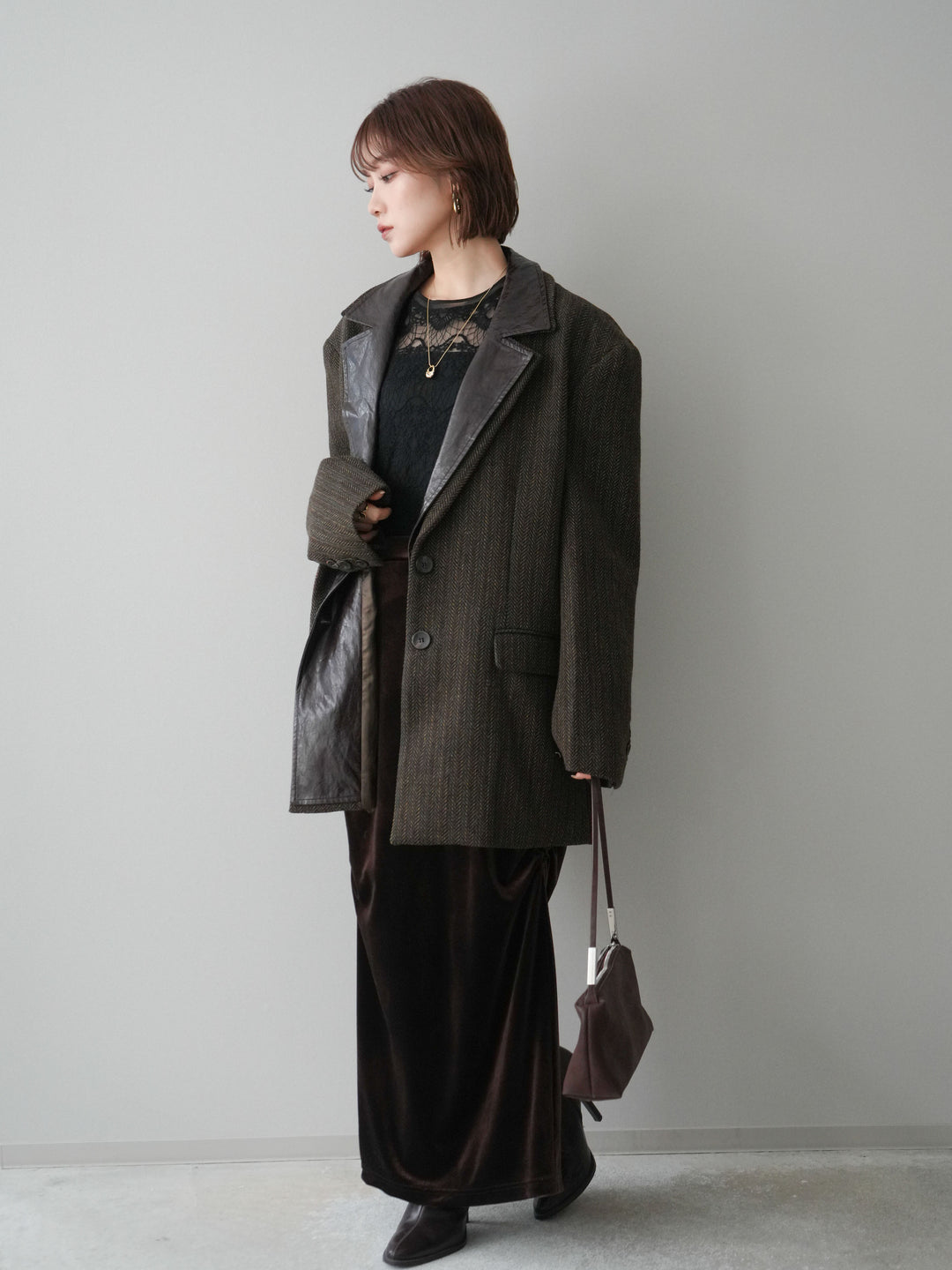 [SET]レイヤードデザインツイードテーラードジャケット+チュールレーストップス+ギャザーベロアスカート(3set)