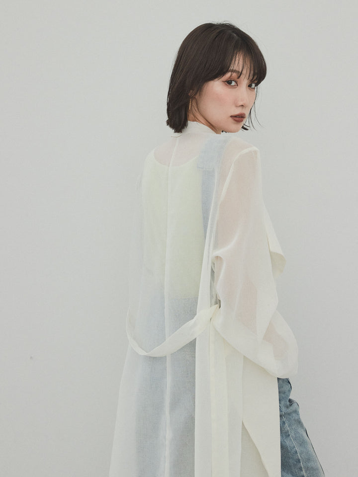 [SET] 中縫牛仔背帶褲 + 方形天鵝絨背心 + 透視長版外套（3 件組）