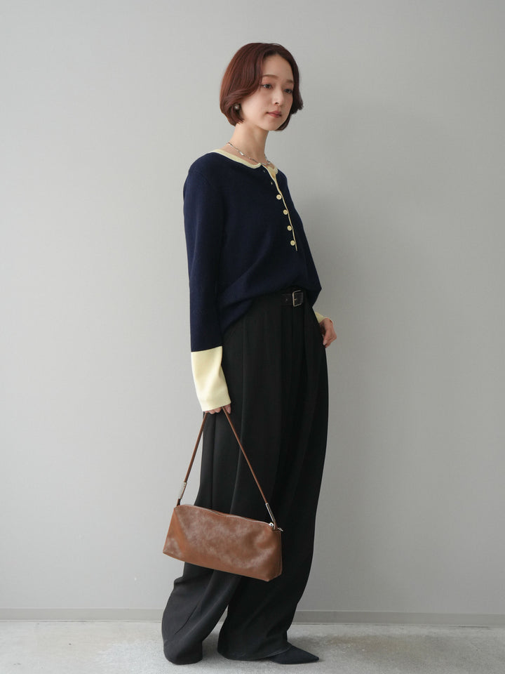 [SET]ヘンリーネック配色ニットソー+ベルトループデザインワイドパンツ(2set)