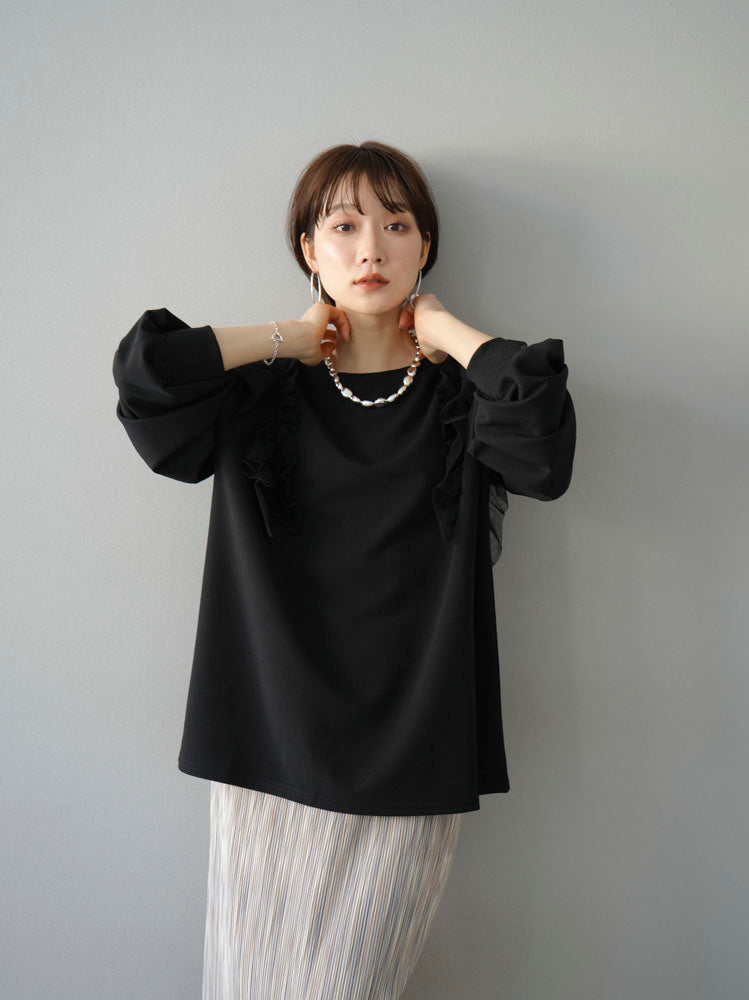 [Pre-order] Tulle shoulder cut georgette pullover/black