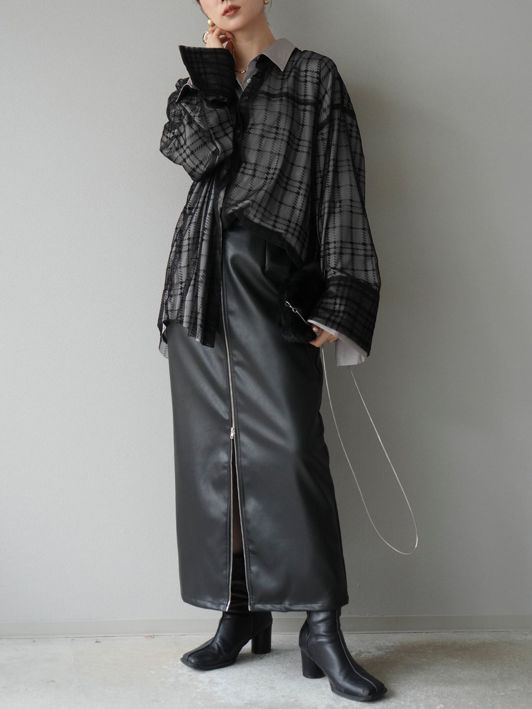 [予約]チェック柄チュールシャツアンサンブル/ブラック