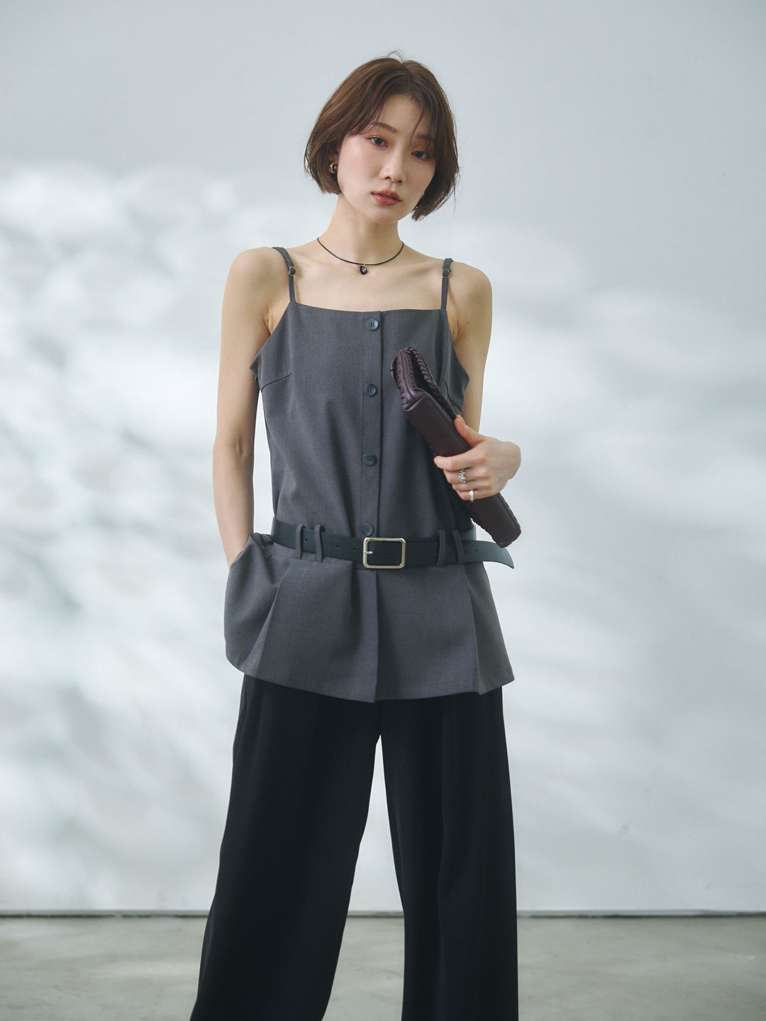 【Allure】[SET]ベルト付テーラードキャミソール+エステルツイルタックワイドパンツ(2set)