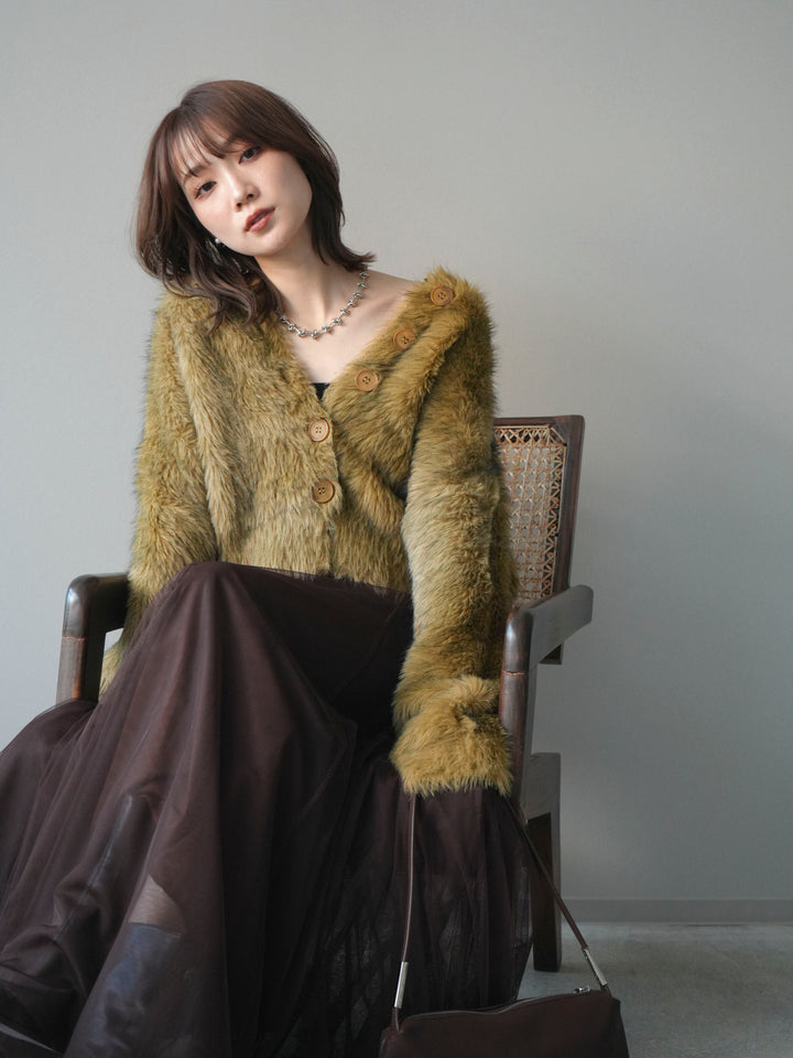 [予約]ミックスシャギーショートニットカーディガン/green